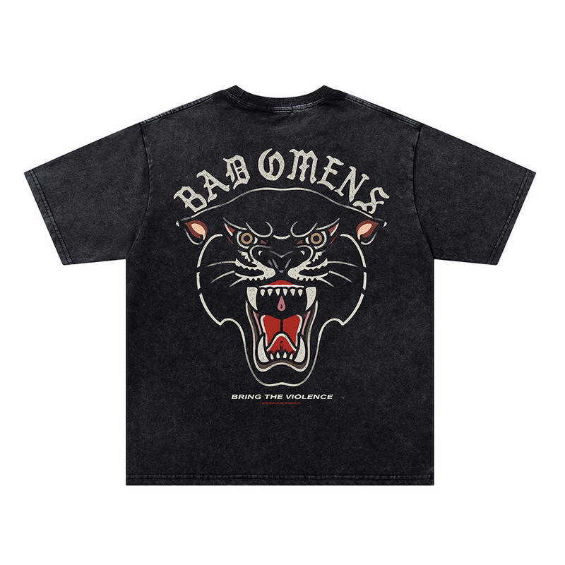 Loose Vintage Letter T-Shirt Summer Short-Sleeve Top Trendy High Street Washed Casual Fashion Black Panther Print Unisex