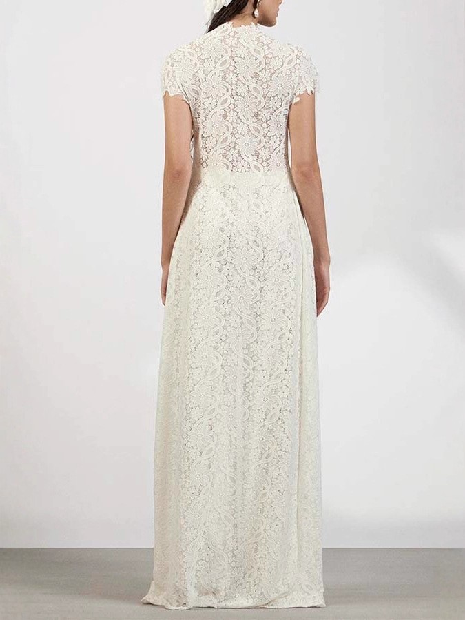 Independent Website European American Women's Clothing Lace Solid Color Dress With Hollow Out Round Neck,_ecoleips.com