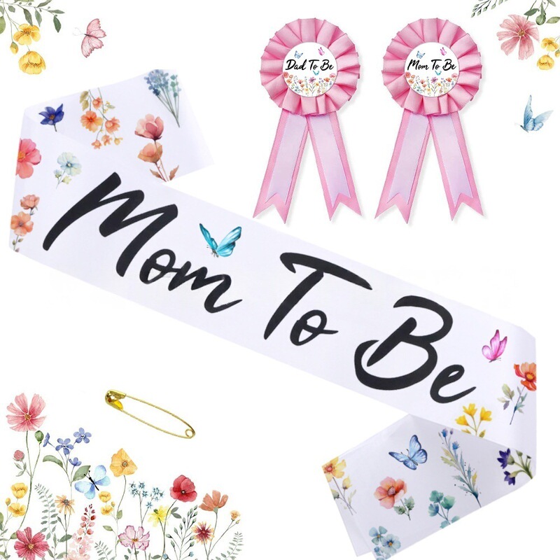 Baby Shower Shoulder Strap Badge Set Mom to Be Printed Fabric Pink Corsage Etiquette Belt Three-Piece Set
