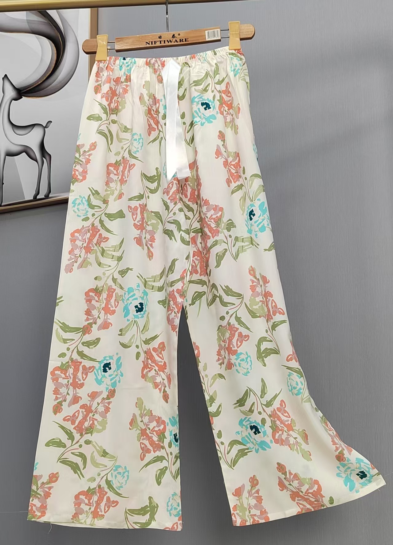 Pijama de seda de algodón para mujer, pantalones anchos de mujer embarazada de seda de algodón con estampado fino de verano