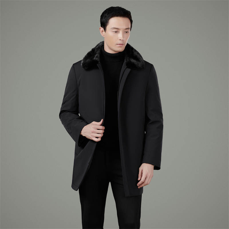 Men's parka with mink lining, fur trim, high-end men's business style, large fur collar, detachable down jacket.