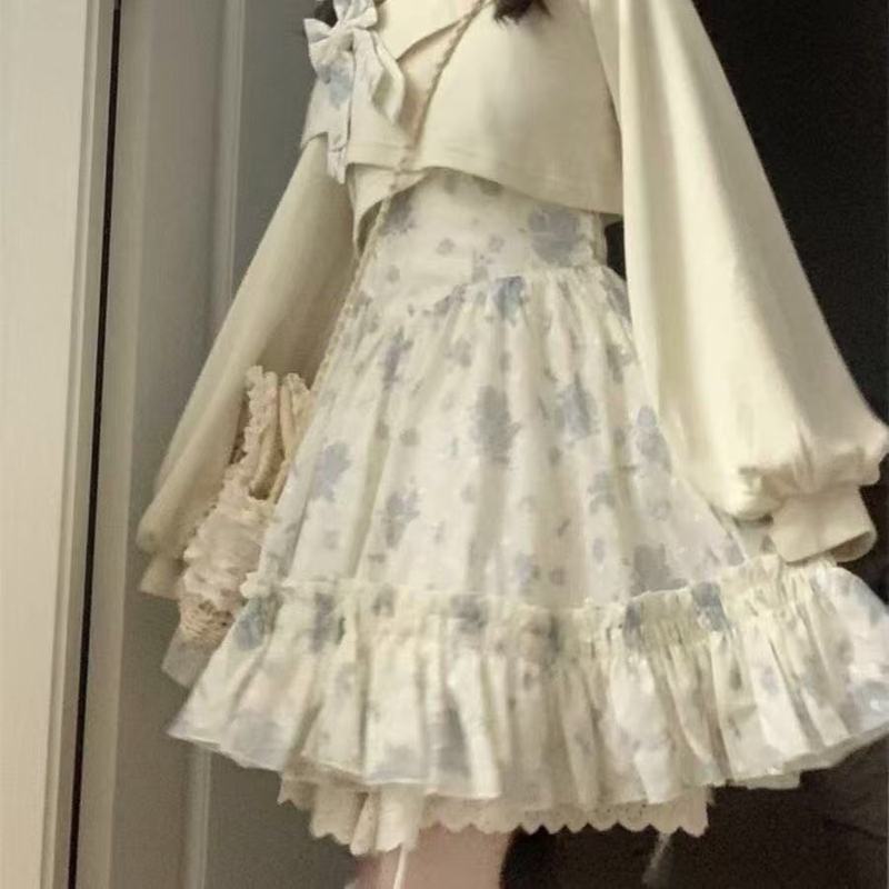 甜美少女蝴蝶结碎花连衣裙女夏季新款百搭重工裙摆斜肩卫衣两件套|undefined