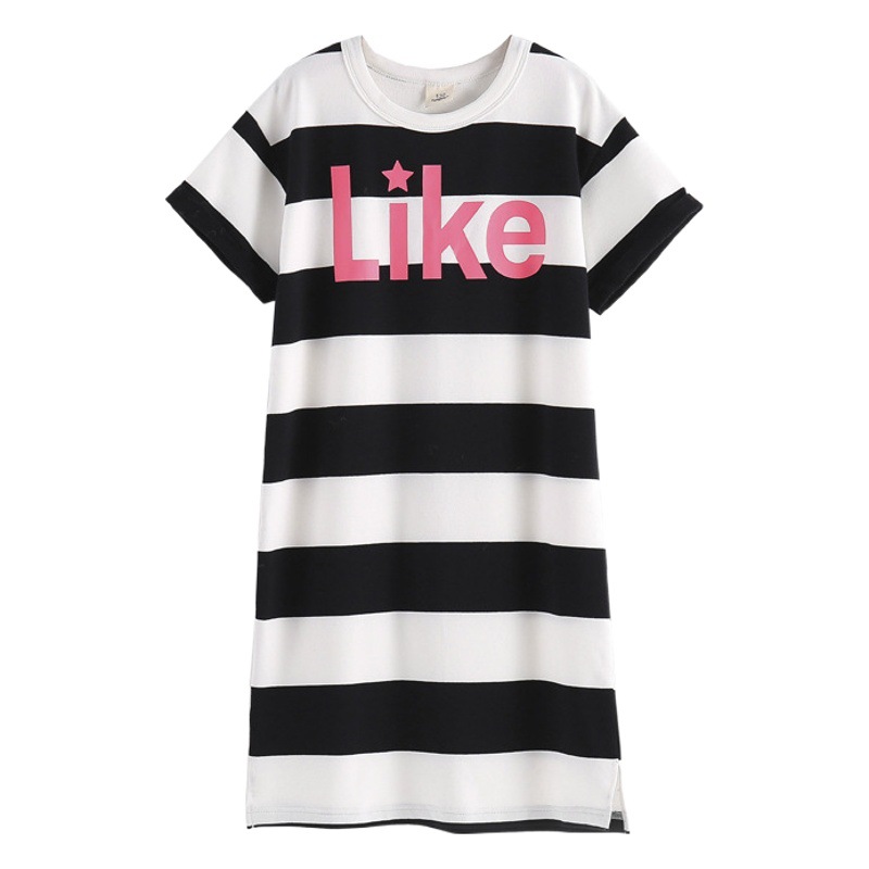 Camiseta de las niñas de manga corta de verano de longitud media estilo occidental a rayas sueltas ropa de verano para niños vestido de moda