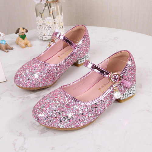 Girls' High Heels, Versatile New Girls' Shoes, Fashion Show Host Shoes, Children's Silver Crystal Princess Shoes