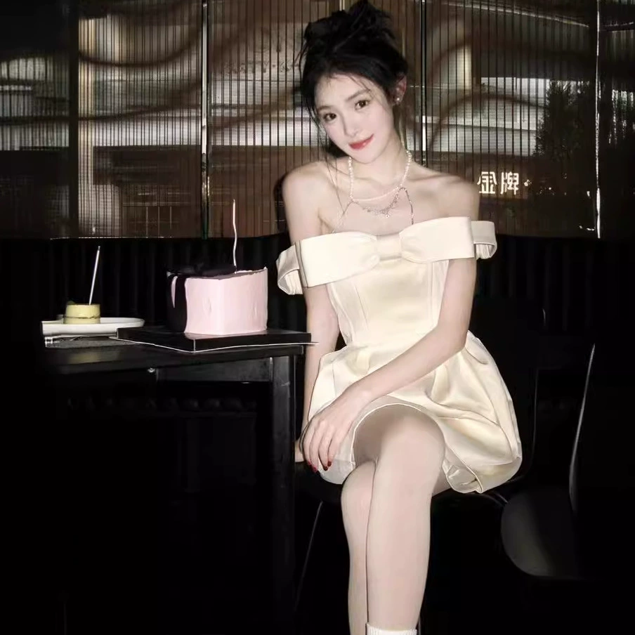 Short white dress, open shoulders, city style, Birthday gift