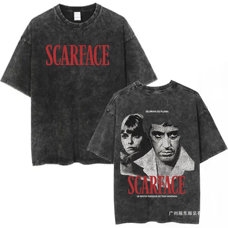 Movie Scarface Retro Washed T-Shirt Tony Montana Face Al Pacino T-Shirt Men Women Fashion