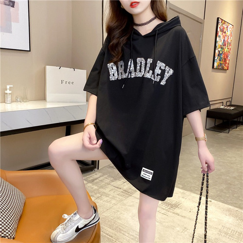 Women's Long-Sleeve T-Shirt with Butt Coverage, Summer Glitter Letter Youthful Style, 2025 Thin Model, Hooded Top for Women