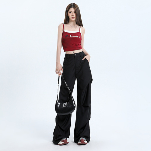 Niche design high-street black pleated loose casual wide-leg over-the-knee floor-length work pants