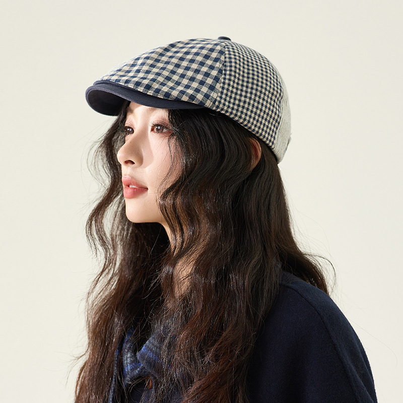 复古格纹前进帽女秋季新款优雅百搭贝雷帽韩版休闲时尚鸭舌帽子潮|undefined