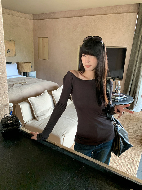 誉一新款2025秋季甜辣风斜肩长袖t恤女开叉微透显瘦上衣女c240538|undefined