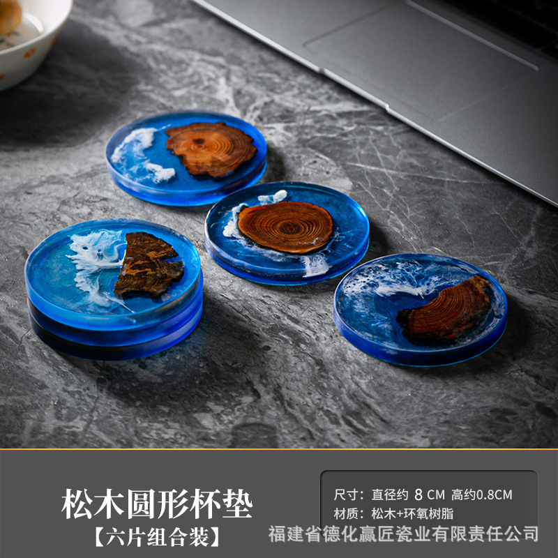 Cruz-frontera norte de pino epoxi resina río montaña azul estera de aislamiento olla teniendo madera maciza Zen onda titular de la taza