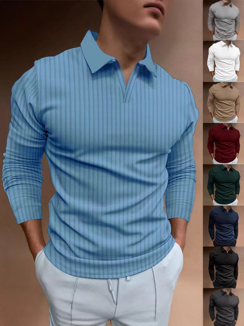 Camisa Polo para Hombre, Estilo Europeo y Americano, Comercio Transfronterizo, Otoño, Fitness, Casual, Cuello Alto, Manga Larga, Rayas Verticales, Cuello en V