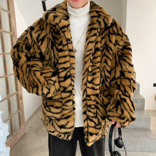 American Retro Workwear Jacket Loose Bf Style Furry Imitation Fur Male Tiger Leopard Print Harajuku Style Korea
