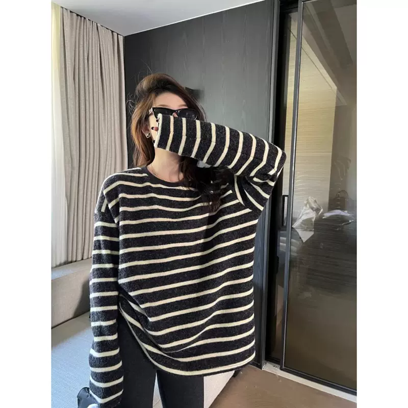 懒宽松显瘦长袖条纹t恤女百搭