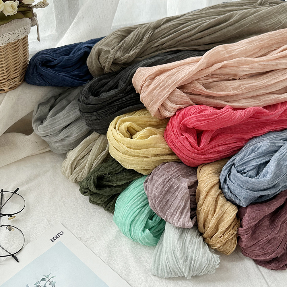 Autumn and winter new solid color cotton scarf for women, artistic retro dirty dyed foreign trade scarf, shawl for men, natural wrinkles, versatile