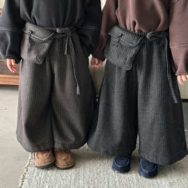佳叶童品2025儿童冬季加绒呢子裤男女宝宝加厚保暖阔腿裤送腰包