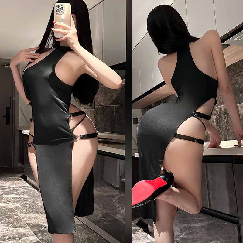 Cut men's combat clothing sexy neck double split cheongsam strap hip long tight slim dress F183
