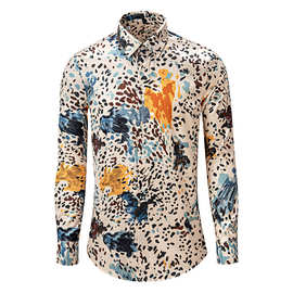 欧美潮牌春秋高级感彩色涂鸦印花商务休闲防皱免烫修身长袖衬衫男
