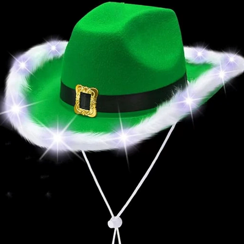 В наличии: ковбойская шляпа зеленого эльфа от производителя, ковбойская шляпа в стиле вестерн с белой меховой отделкой, рождественская ковбойская шляпа с перьевой отделкой.