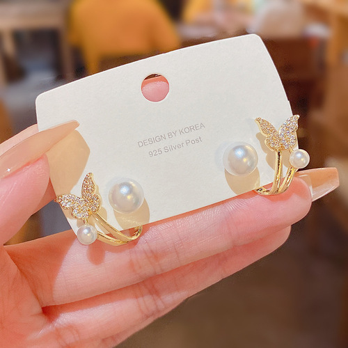 S925 silver needle Korean new butterfly pearl earrings light luxury niche high-end design back-hanging stud earrings