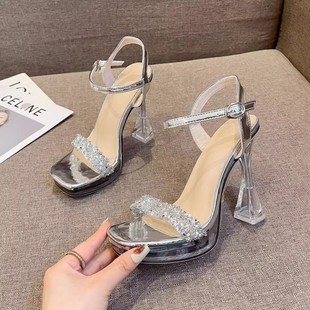 Niche Hate Sky-high Heeled Sandals French Crystal Waterproof Platform Sequin Performance New Style One-word Buckle for Summer Outer Wear