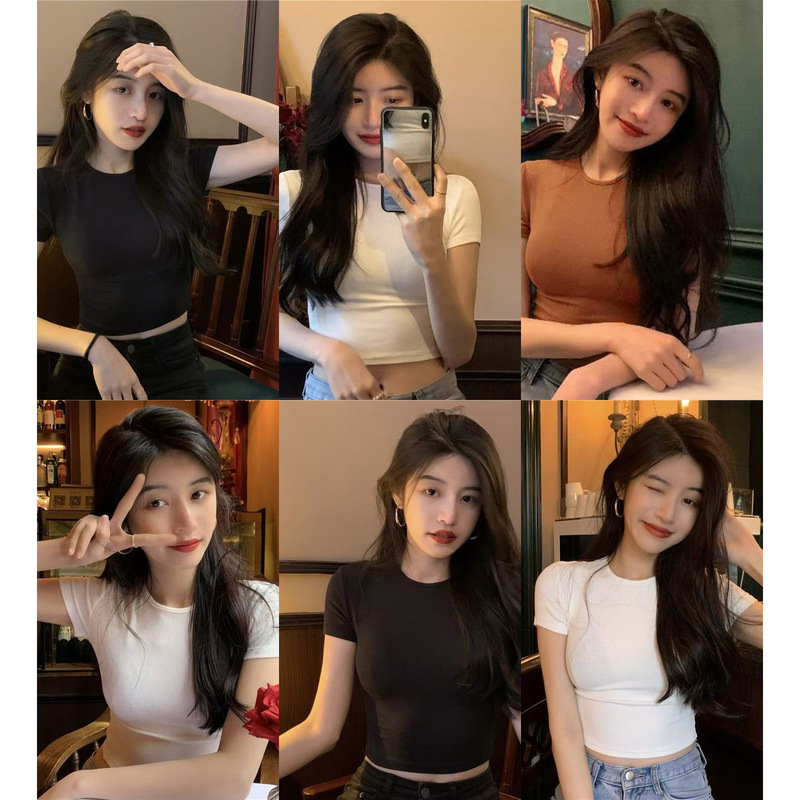 Round Neck Short Navel-Baring Short-Sleeved T-Shirt for Women Summer New American Sweet and Spicy Style Pinch Waist Top Export Southeast Asia Short T-Shirt