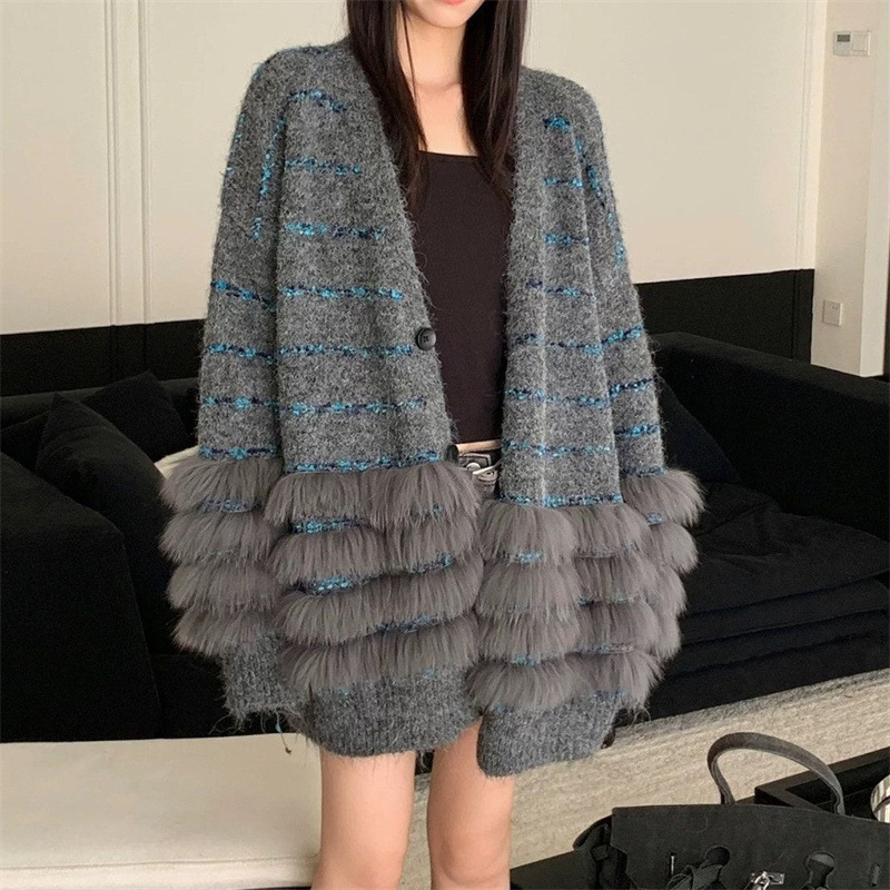 秋冬新款长毛仿貂绒条纹韩系中长款宽松毛衣女休闲慵懒风针织开衫|undefined