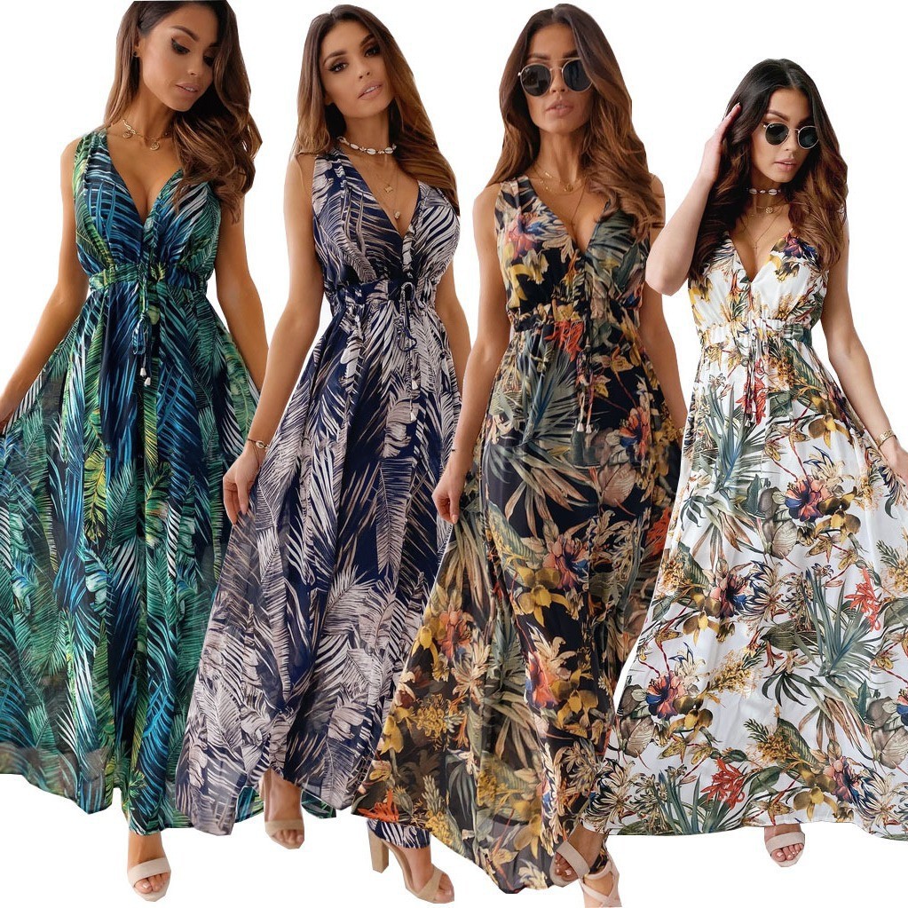 European and American Foreign Trade Independent Website Wish Amazon Hot-Selling Product 2026 Summer New Printed Backless Tie-Up Dress