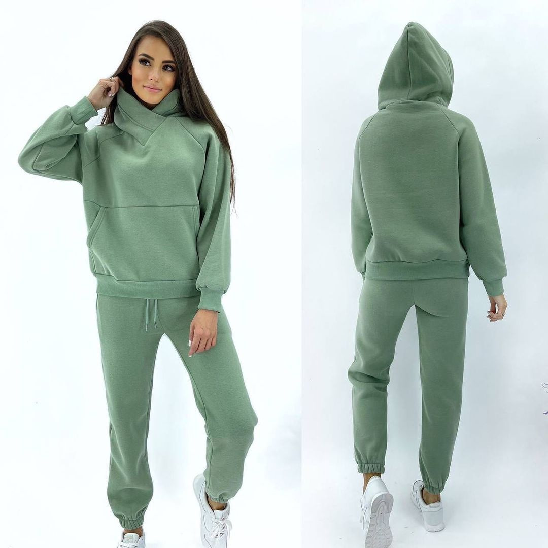 Hooded Loose Casual Top Two Piece 2024 Autumn/Winter New Brushed Women's Sweater Sports Set_voghion.com