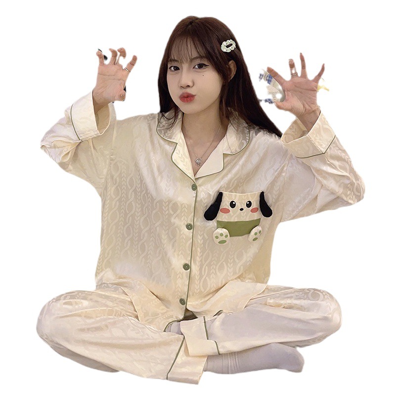 Bolsillo cachorro de dibujos animados pijamas las mujeres solapa seda del hielo cardigan manga larga Otoño e Invierno lindo dulce chica desgaste en casa traje
