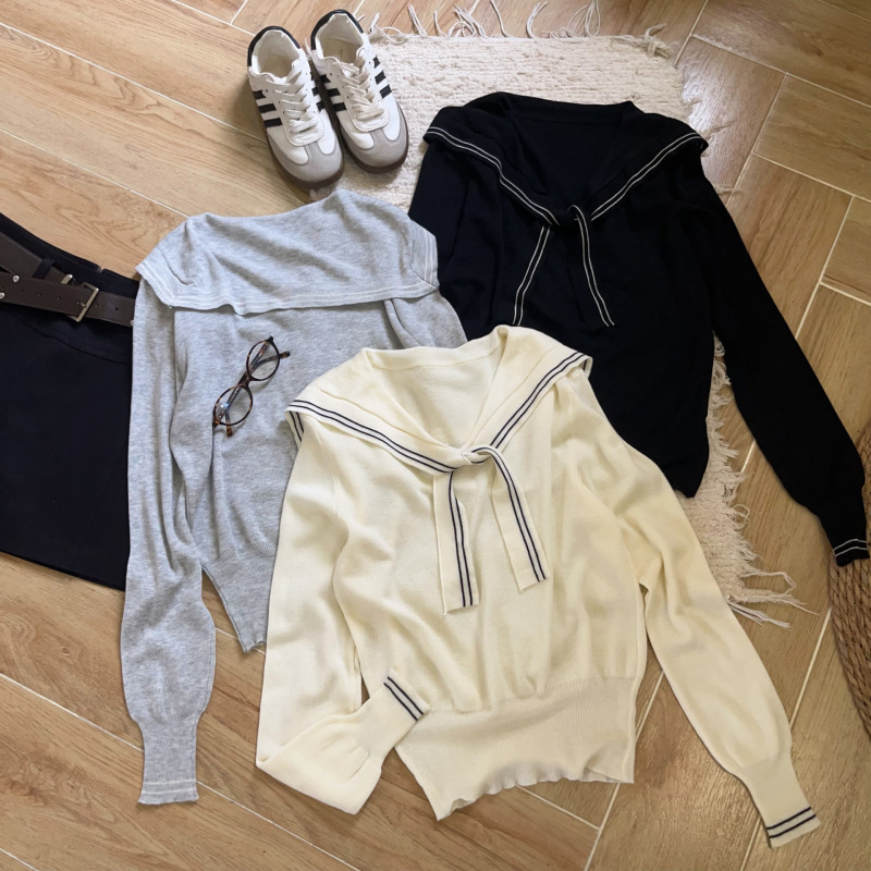 Navy collar tie-up long-sleeve knit sweater for women, autumn and winter wool blend, stylish college-style slim-fit versatile top Navy collar tie-up long-sleeve knit sweater for women, autumn and winter wool blend, stylish college-style slim-fit versatile top