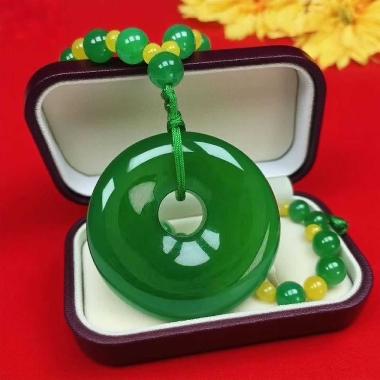 高档祖母绿色玉石玉髓平安扣大号帝王绿玉坠挂坠毛衣链长款