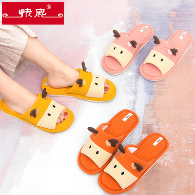 快鹿卡通男女日式立体鹿角四季工艺拖鞋室内软底棉麻开口凉拖9904|ms