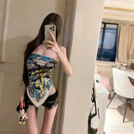不规则复古印花露锁骨裹胸背心女2026新款欲野辣妹修身百搭短上衣