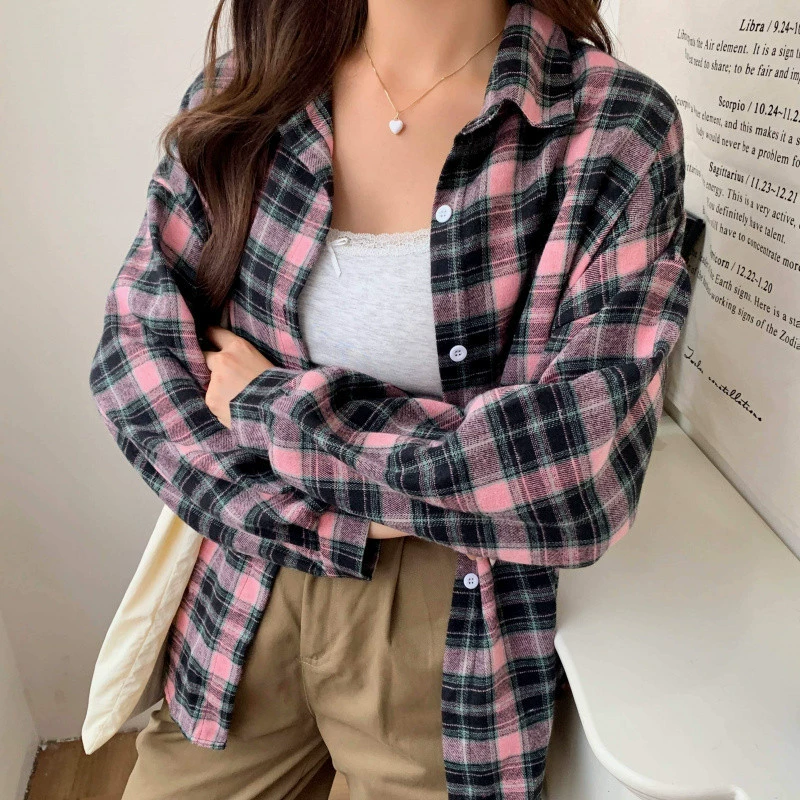 YS8 реальный снимок 2024 осень новая корейская стиль ретро рубашка с длинным рукавом в клетку свободная универсальная рубашка-жакет