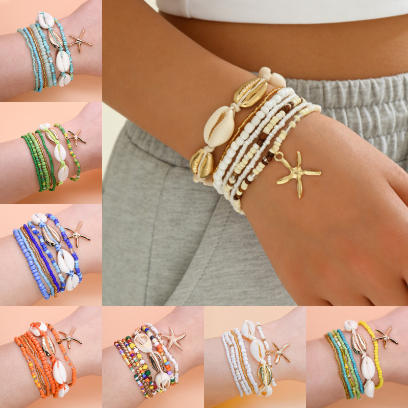 Cross-Border Bohemian Beach Style Bracelet Set Summer Dopamine Starfish Rice Beads Shell Bracelet Seven-Piece Set for Women
