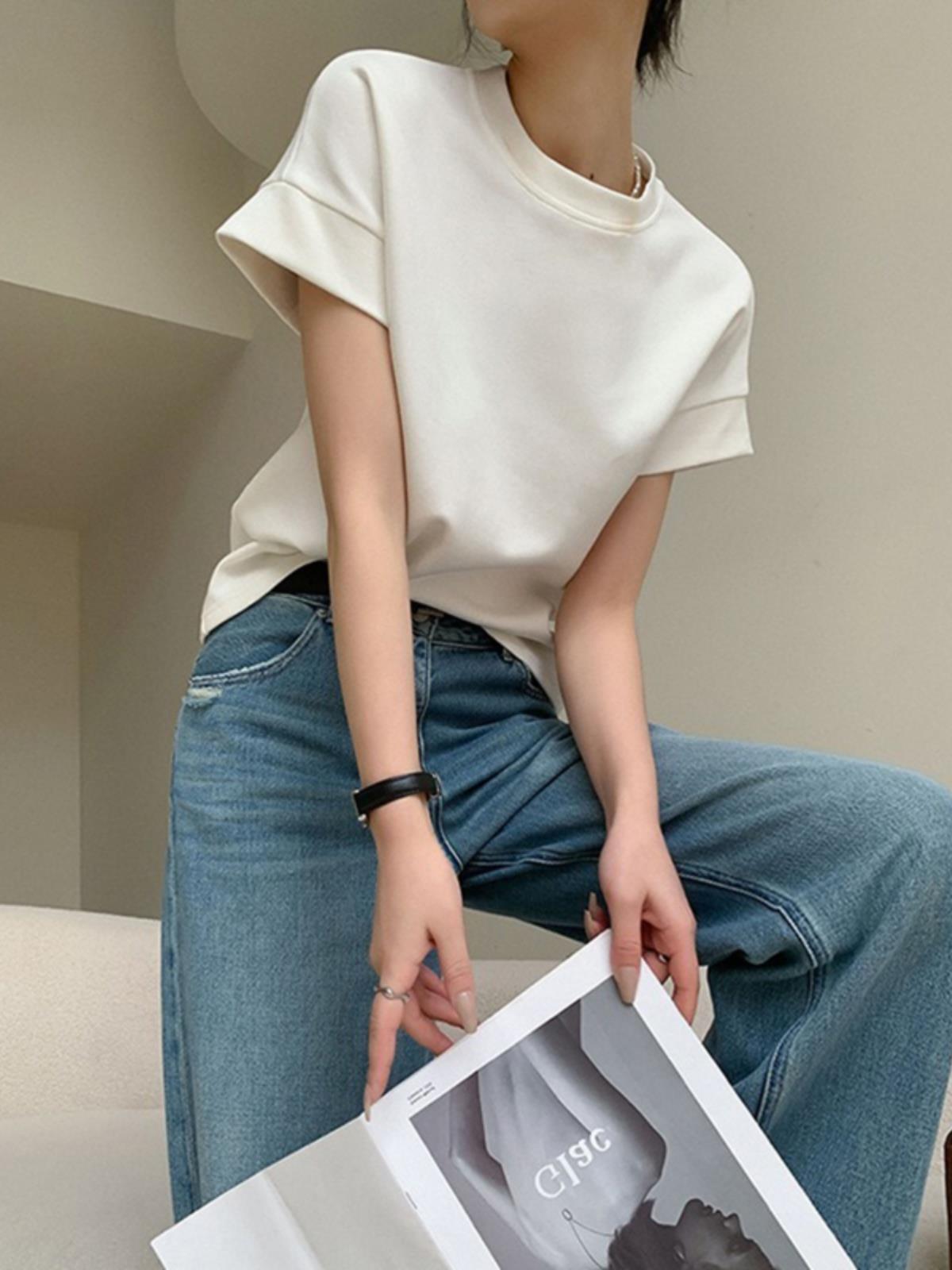 白色短袖T恤女春夏季2023新款韩版宽松体恤百搭打底上衣