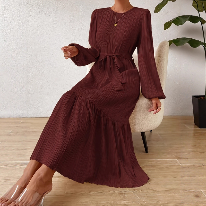2025 Autumn and Winter New Cross-Border European and American Style Dress, Elegant and Stylish, Waist-Cinching Long Dress for Women, Pleated Design