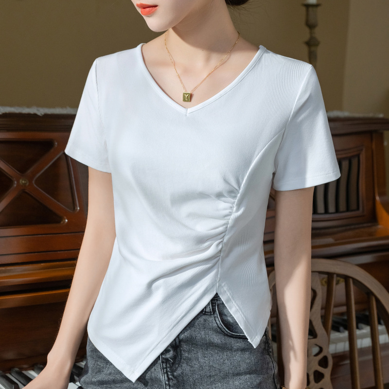 Camiseta de manga corta para mujer verano 2023 nuevas mujeres elegantes con cuello en V hilo camiseta irregular dobladillo dividido cintura superior