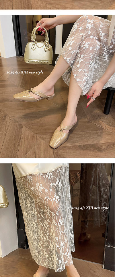 Dép sandal nữ bít mũi mũi vuông gót thô, họa tiết vân cừu nhún, quai hậu đi ngoài — Màu bạc, Màu kaki, Màu trắng be chi tiết 11