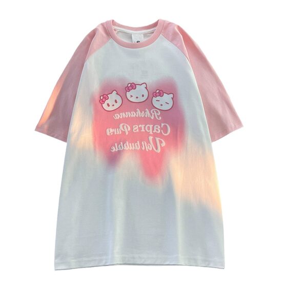 Japanese Style Cute Cartoon Short-sleeved T-shirt Men's and Women's oversize Summer Hong Kong Style Chic Sweet Age-reducing Color-matching Top