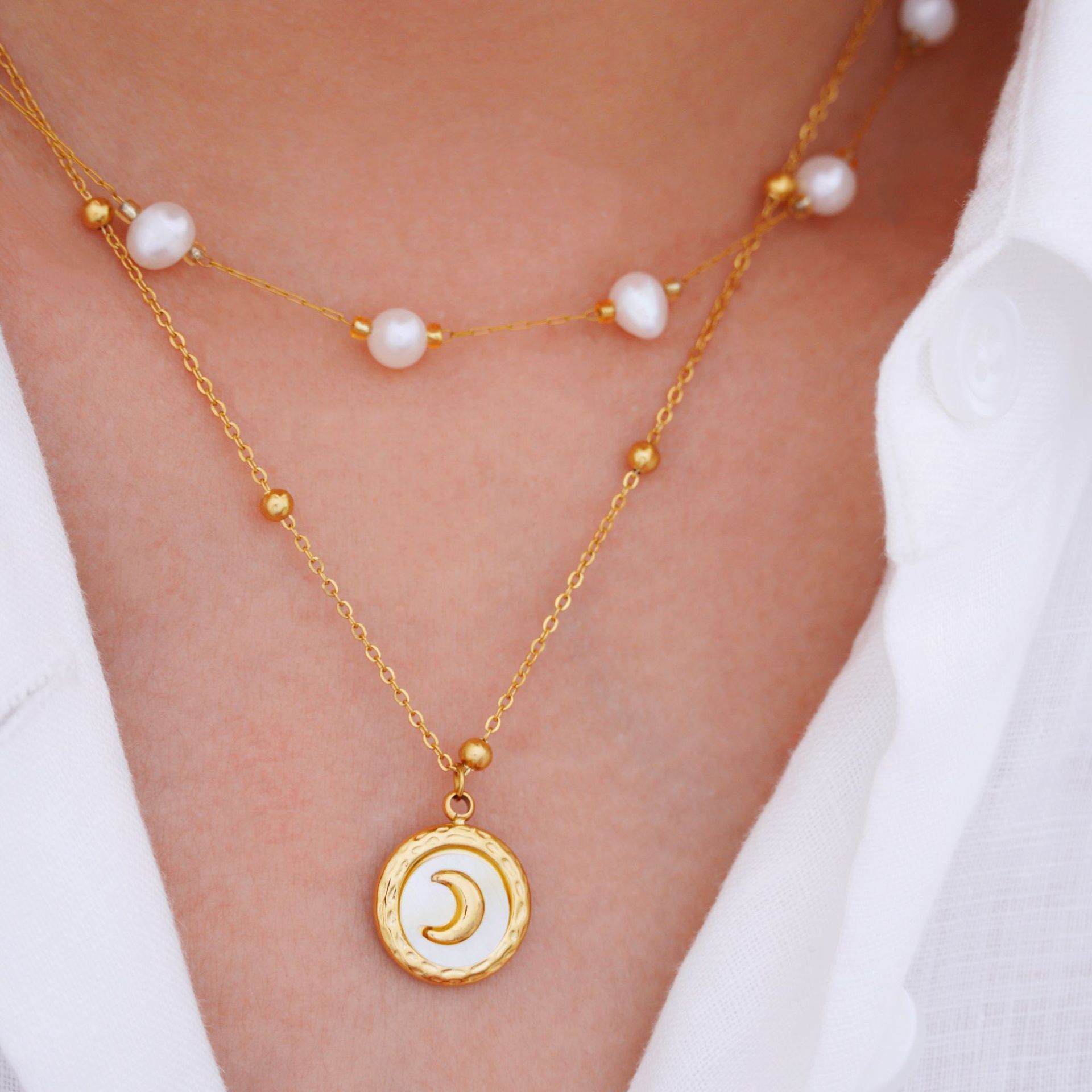 Titanium Steel Chain Material Basic Simple Style Geometric Star Moon Natural Stone Titanium Steel Necklace In Bulk