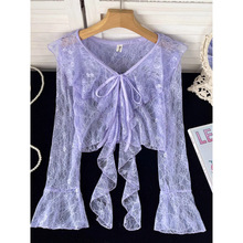 荷叶边系带短款蕾丝防晒开衫女夏季薄款喇叭长袖雪纺外套披肩上衣