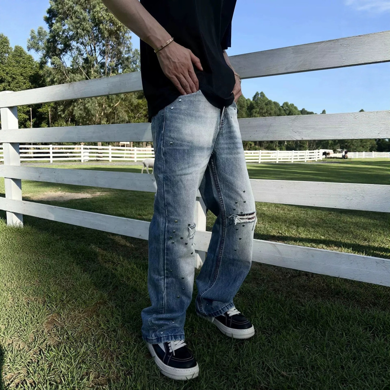Cross-Border Plaid Patchwork Washed Flared Blue Rivet Whiskered Street Style Red Line Ripped Jeans Unisex Casual Pants Cross-Border Plaid Patchwork Washed Flared Blue Rivet Whiskered Street Style Red Line Ripped Jeans Unisex Casual Pants