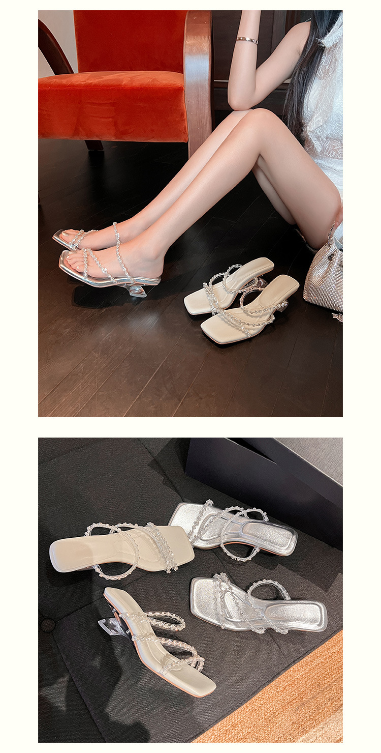 Sandal nữ quai mảnh đính đá mũi vuông hở mũi gót cao trong suốt đế xuồng — trắng chi tiết 25