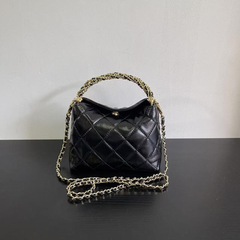 Lingge Chain Hobo Cross Handle Bag Trendy Women's Bag Women's Bag Shoulder Crossbody Bag Oil Wax Sheepskin Vintage Bucket Bag