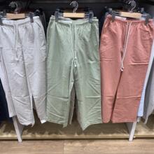 日单日系春款女装百搭纯色麻混纺松紧腰长裤直筒休闲裤Y473791