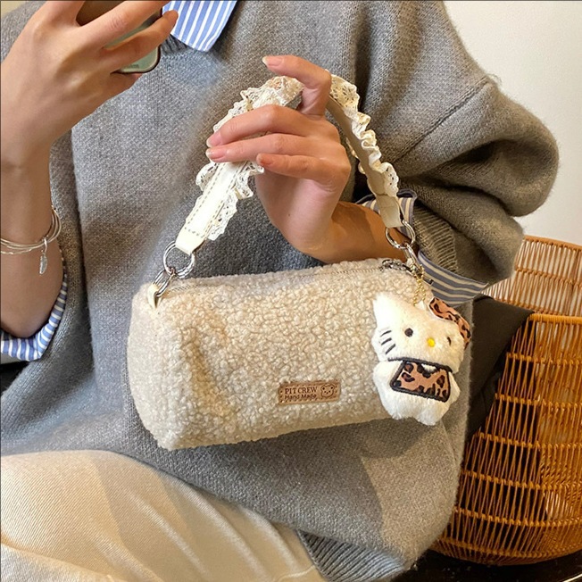 秋冬毛毛包卡通少女感手提圆筒包洋气单肩手机包韩版时尚毛绒包潮