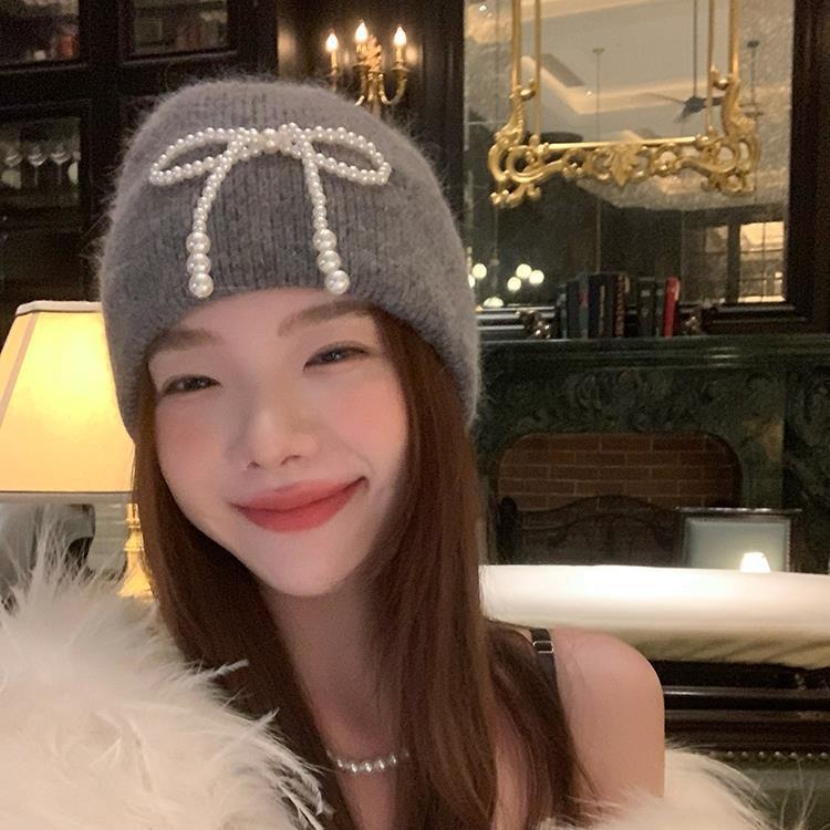 Pălărie de lână tricotată cu perle, cu fundă dulce, pentru toamnă și iarnă, de pluș, cu protecție pentru urechi, arată fața, mică, la modă, Baotou_voghion.com