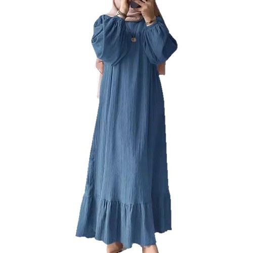 2024 Muslim Women's Long Robe Spring and Autumn New Fashion Bubble Sleeve Retro Pocket Lotus Edge Dress